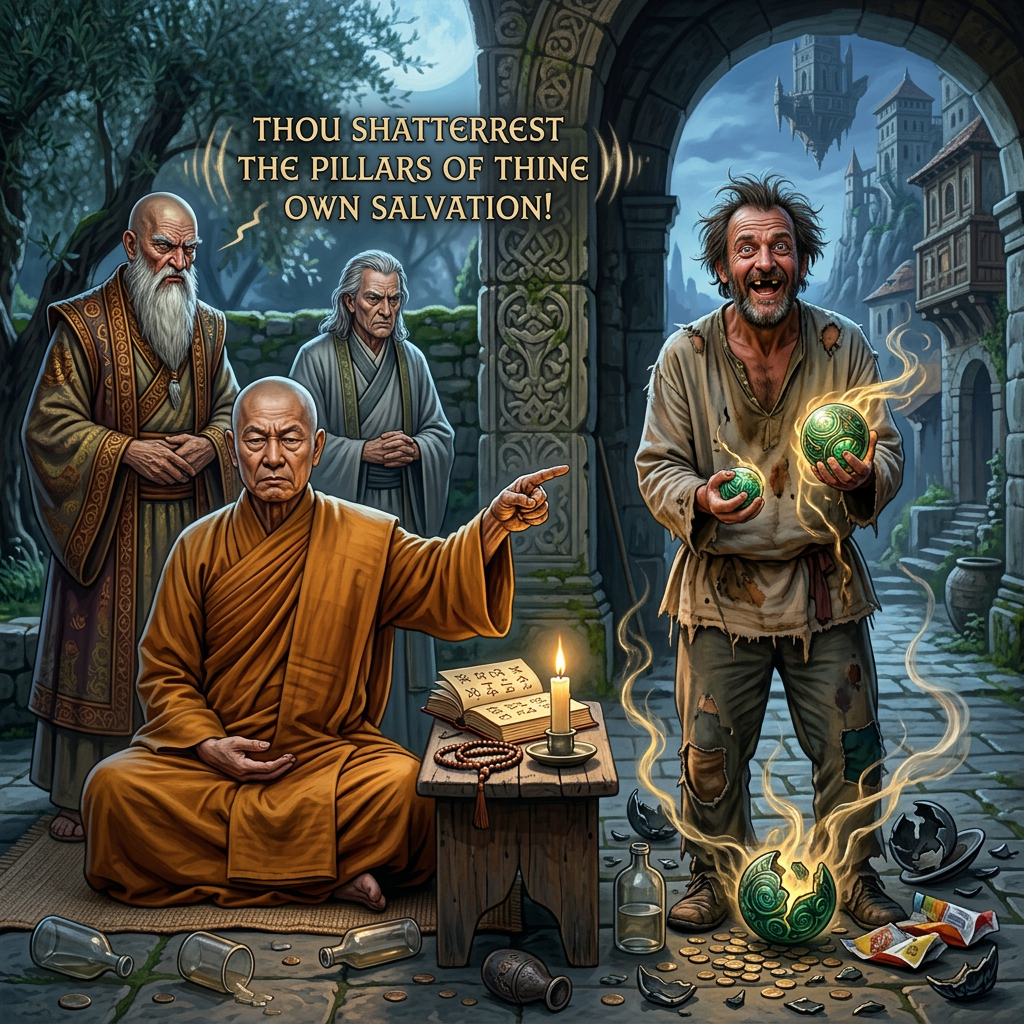 A monk in orange robes pointing sternly at a disheveled man holding glowing orbs while two other monks watch.