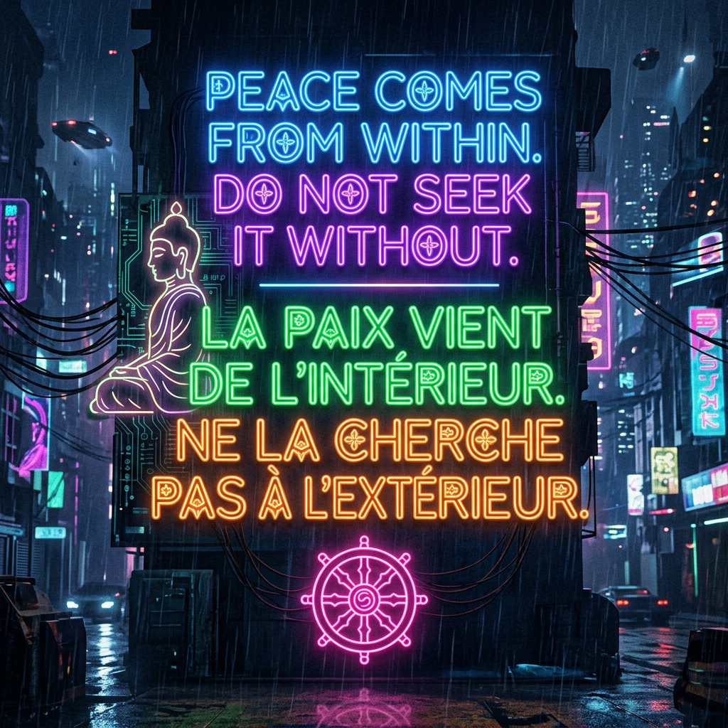 Neon sign with a Buddha silhouette and a quote in English and French about peace coming from within in a rainy futuristic city.