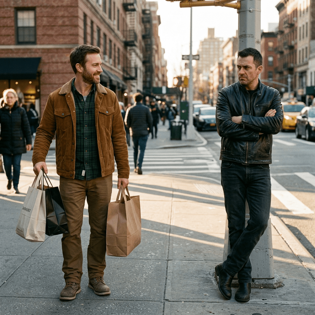 Two men on city sidewalk, one smiling with shopping bags, the other leaning on pole with arms crossed, looking serious