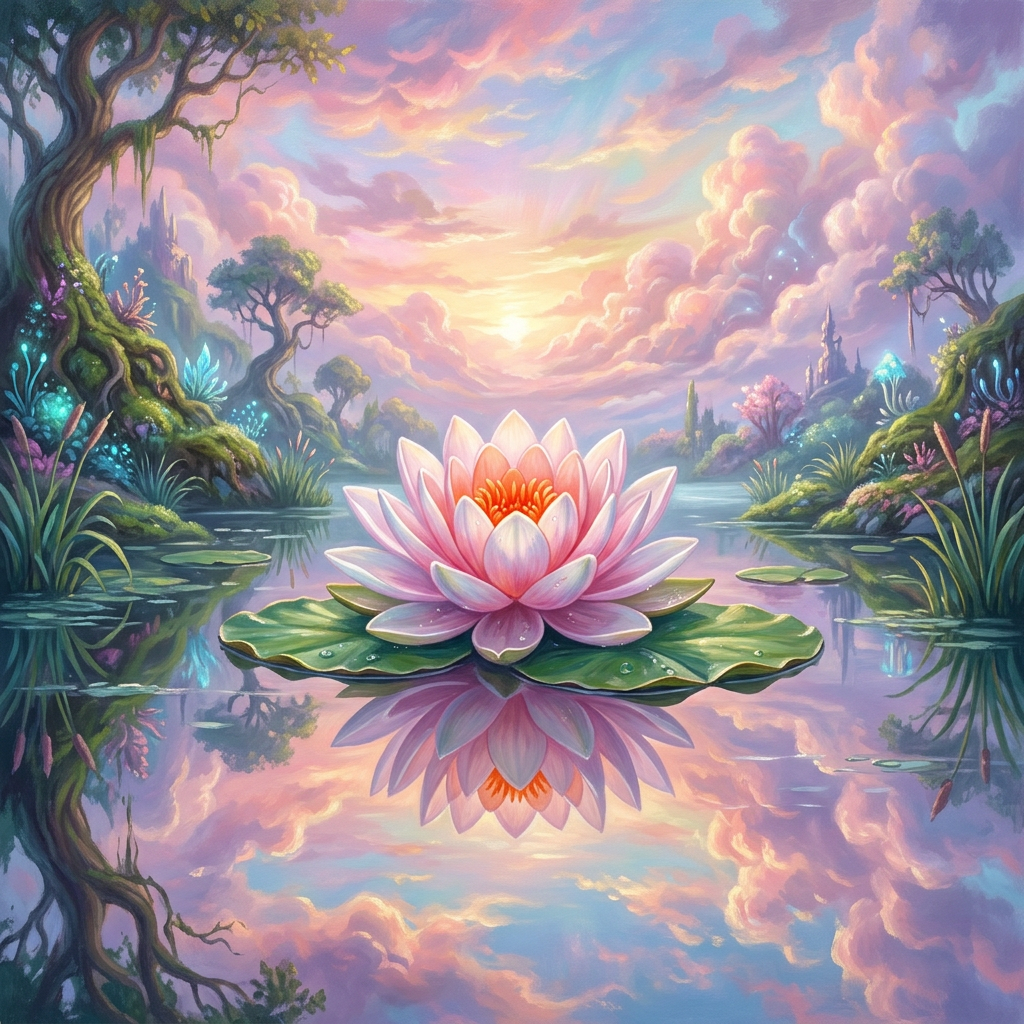 Pink lotus flower on water reflecting sunset sky with trees and magical plants