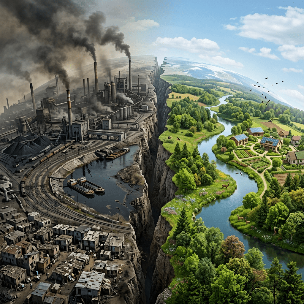 Split image showing smoky industrial factories and a clean, green rural area separated by a deep canyon