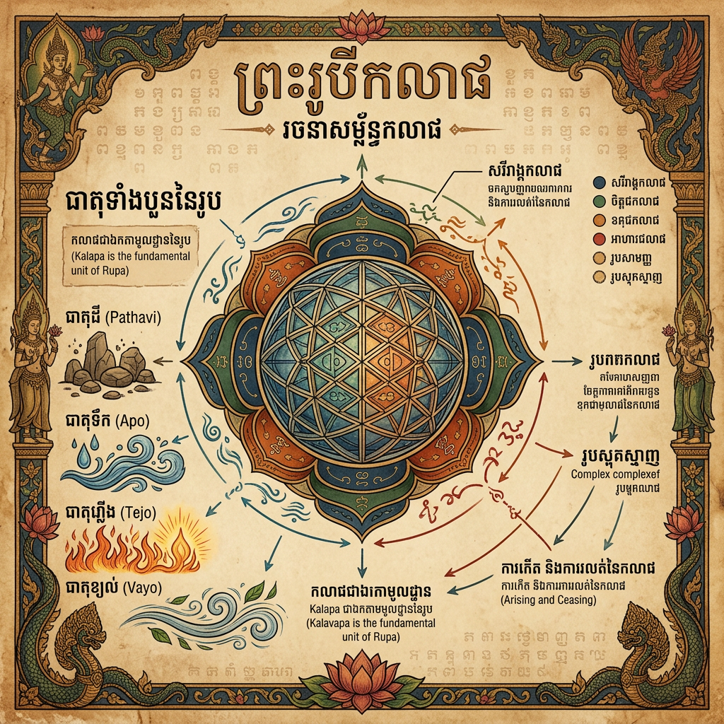 Traditional Cambodian diagram showing Kalapa as the fundamental unit of Rupa with elements Pathavi, Apo, Tejo, Vayo