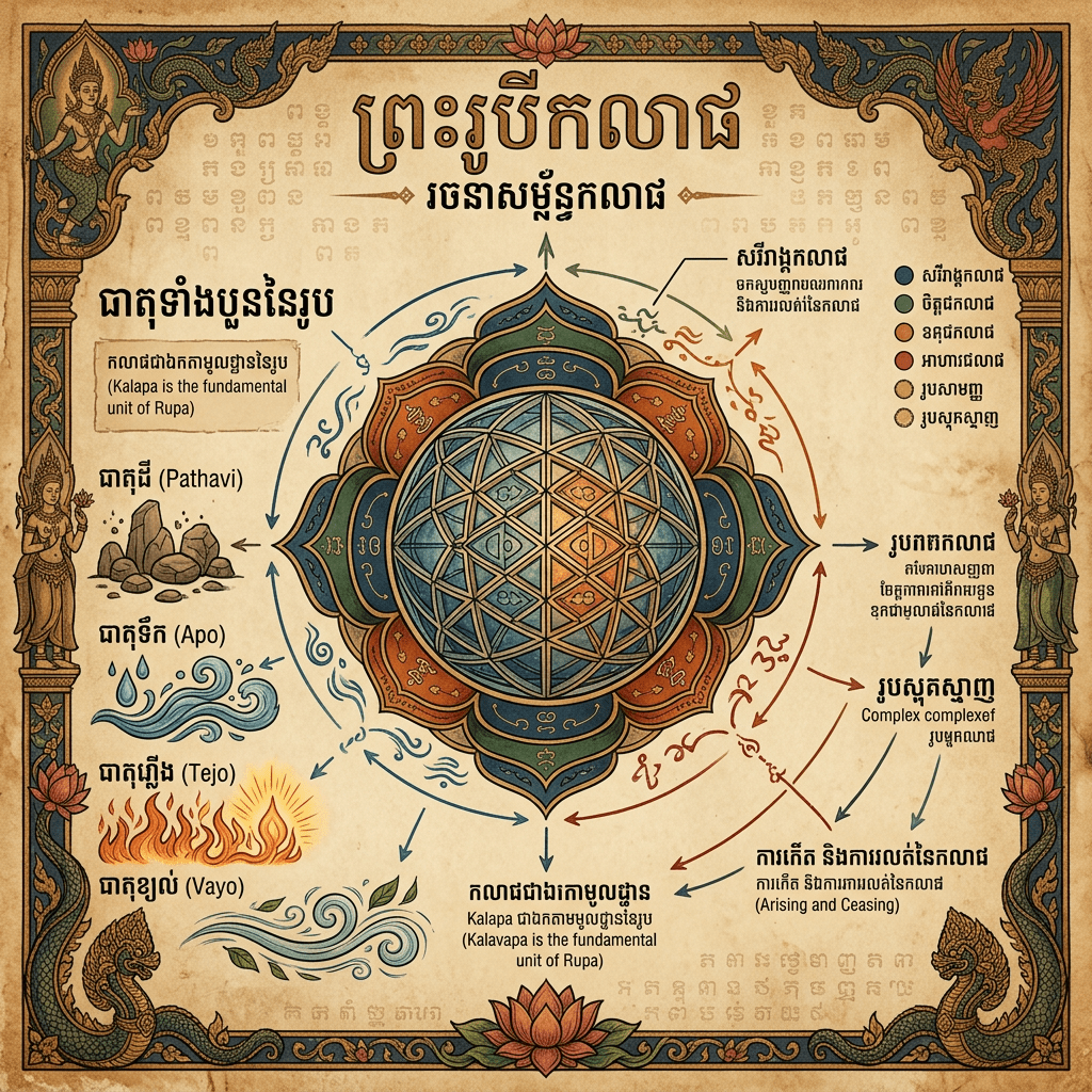 Traditional Cambodian diagram showing Kalapa as the fundamental unit of Rupa with elements Pathavi, Apo, Tejo, Vayo