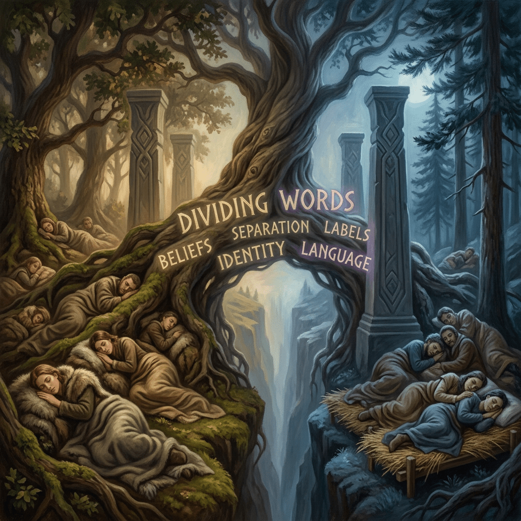 Two groups of people sleeping separately on opposite sides of a deep chasm divided by a twisted tree with words about division