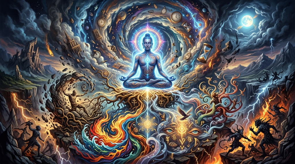 Meditative figure glowing blue with cosmic symbols, clocks, and swirling mystical elements